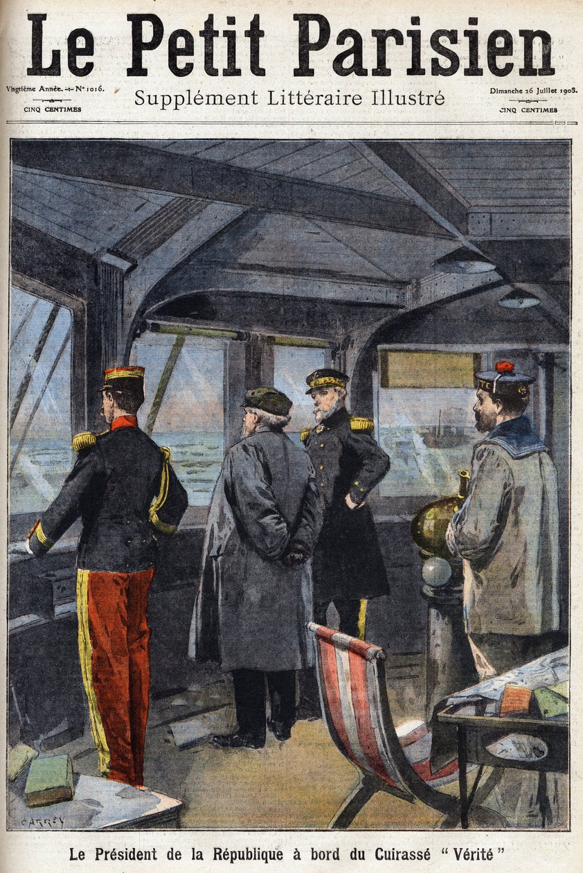Cumhurbaşkanı Armand Fallieres (1841-1931) Cuirasse “Verite” gemisinde. 26/07/1908 tarihli “Le petit parisien” gazetelerinden biri. Özel koleksiyon. by Anonymous Anonymous