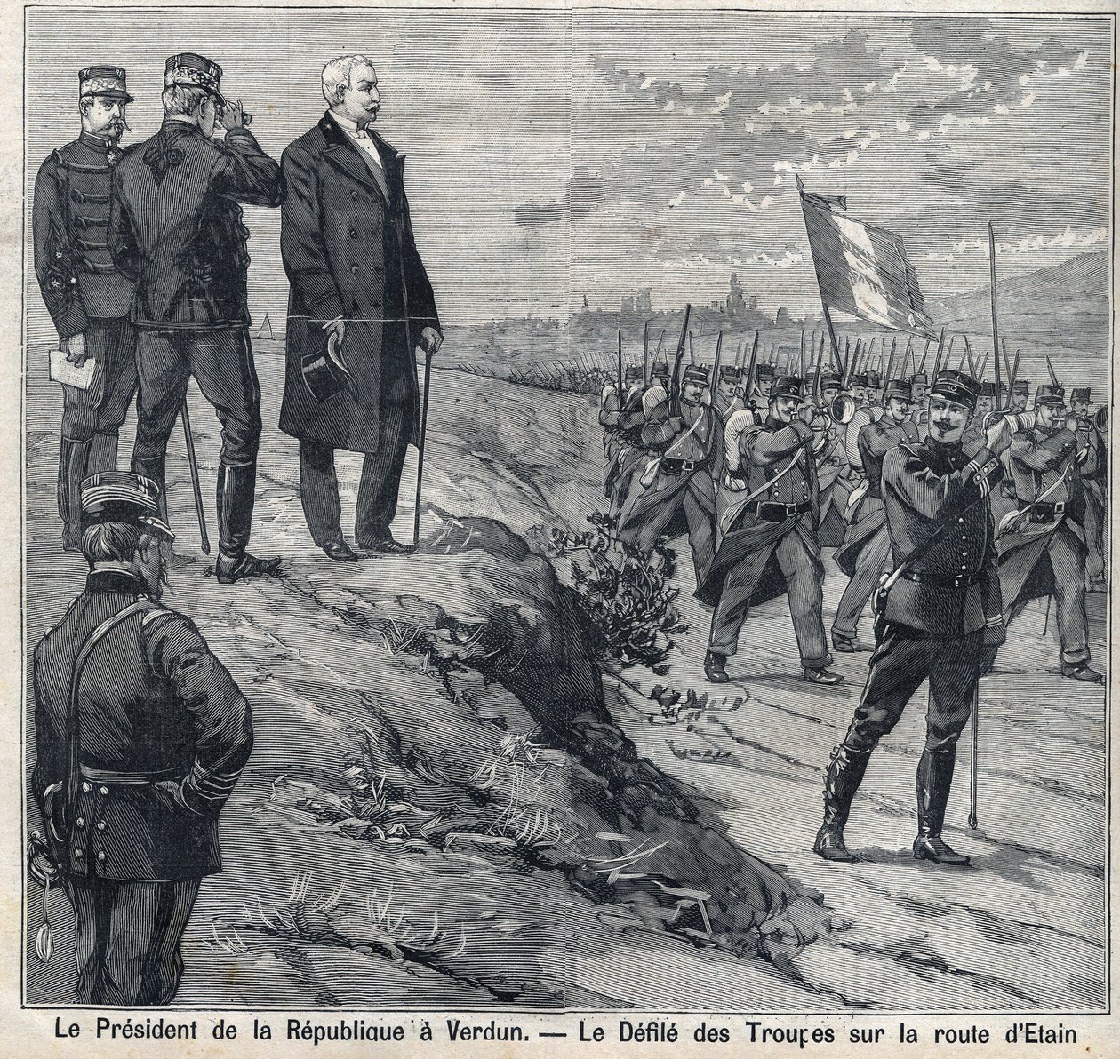 Cumhurbaşkanı Felix Faure (1841-1899) Etin yolunun askeri okulunun kirlettiği Verdun