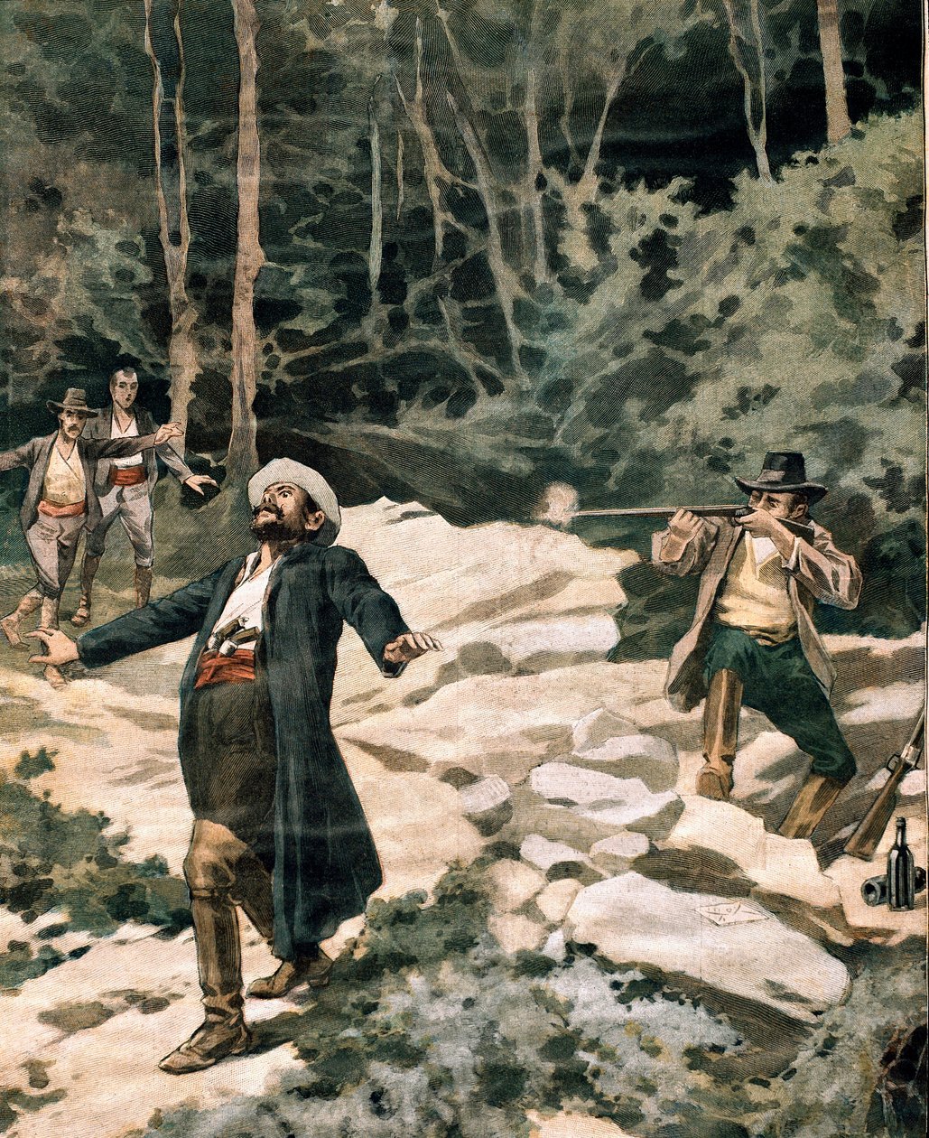 Maremma bölgesinde İtalyan jandarma tarafından öldürülen haydut Luciano Fioravanti (gravür by Anonymous Anonymous