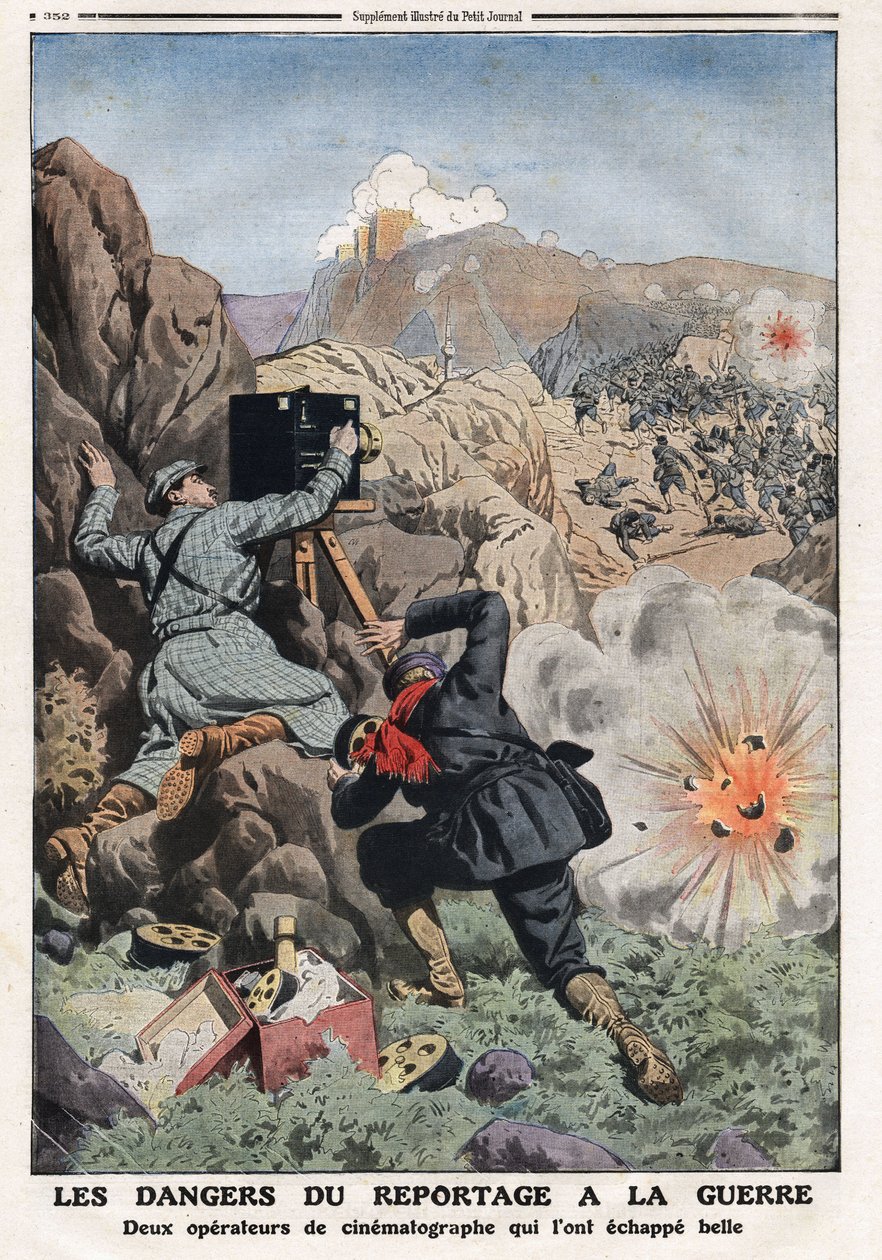 Savaşta haber yapmanın tehlikeleri: “” Savaşta olan ülkelerde hayatlarını riske atan iki muhabir muhabir””” “Le Petit Journal”dan bir çizim”” 11/03/1912 Özel koleksiyon. by Anonymous Anonymous