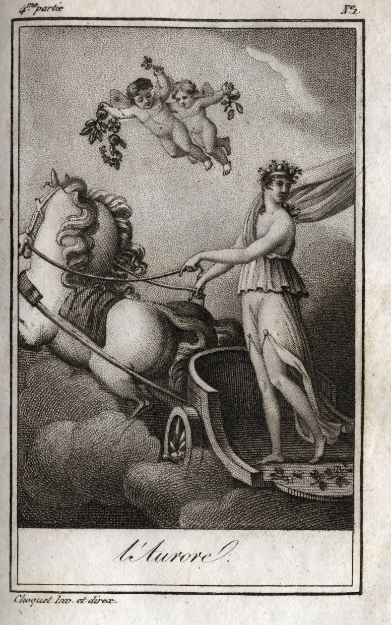 Şafak (Apollo güneşin arabasını yönlendirir). Gündoğumu alegorisi. Charles Albert Demoustier (1760-1801) tarafından "Lettres a Emilie sur la mitolojisinde" 1819