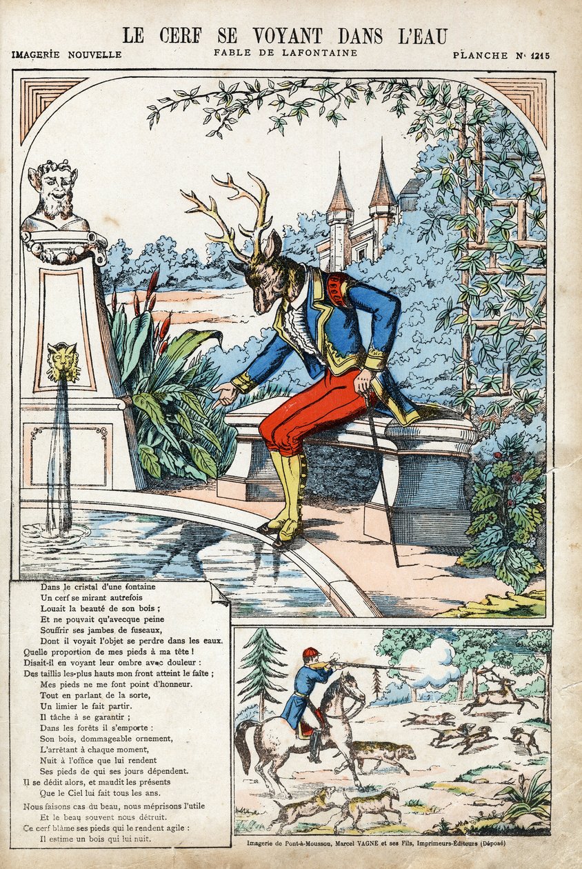 Kendini suda gören geyikler. Jean de LA FONTAINE (Lafontaine) (1621-1695) tarafından Les Fables için anonim illüstrasyon. 1880 dolaylarında Pont-a-Mousson