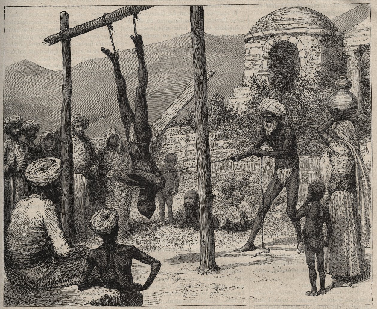 Hindistan'daki fakir - Hindistan'daki fakirler (Faquir) - ahşap bir çubuğa ayaklarından asıldı - 1892'den “Journal des voyages” da gravür. by Anonymous Anonymous