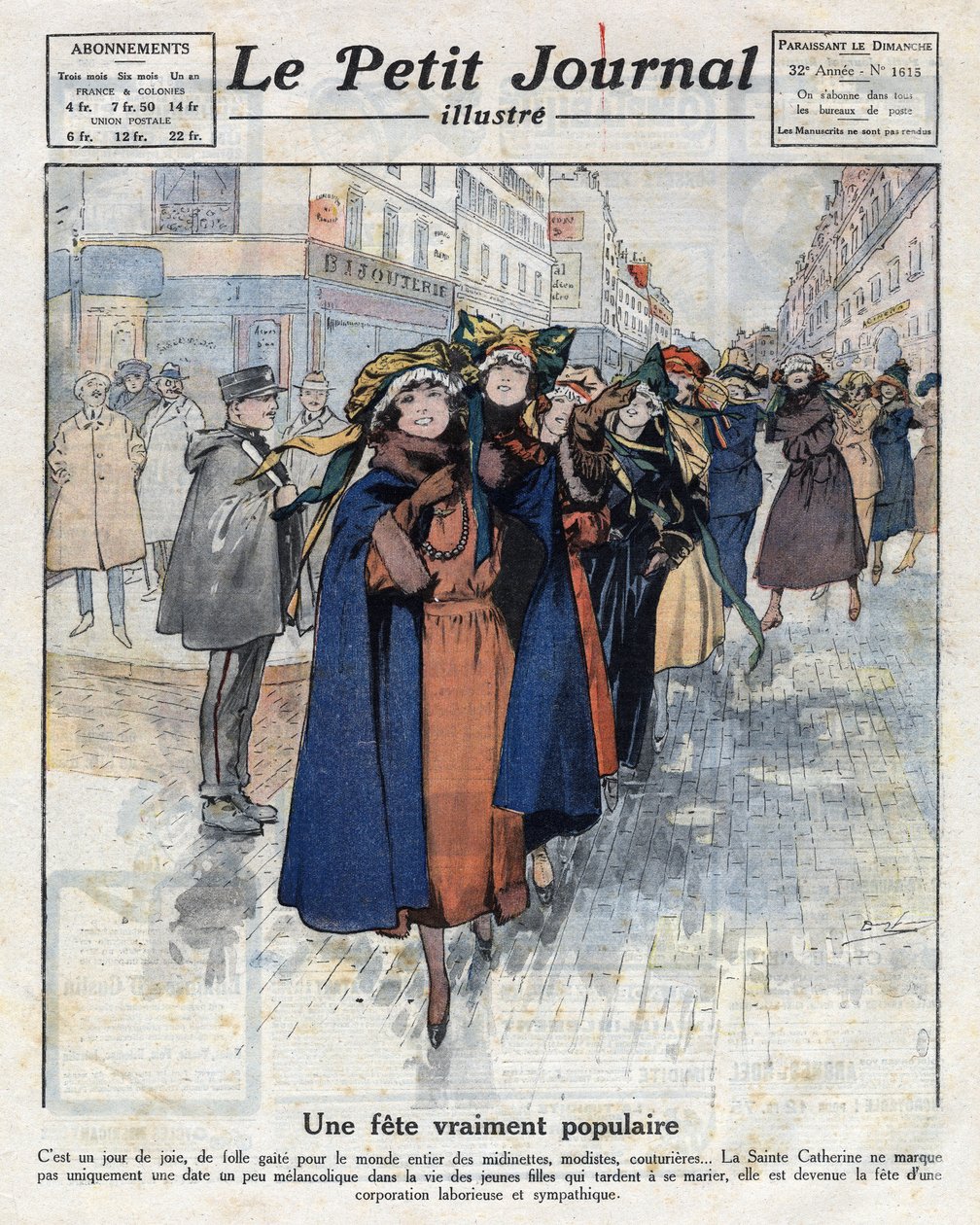 Paris sokaklarında geleneksel şapkalar giyen bekar kızlar, catherinettes yolculuğu. 04/12/1921 tarihli “Le petit dergi şanlı”dan alınan resim. Özel koleksiyon by Anonymous Anonymous