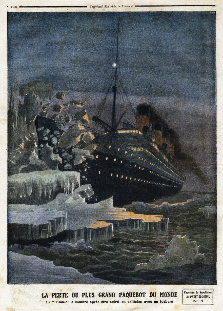 “” Dünyanın en büyük gemisinin kaybı: “Titanik” bir buzdağıyla çarpıştıktan sonra karardı”, 28/04/1912 tarihinde “” Le Petit Journal” da gravür by Anonymous Anonymous