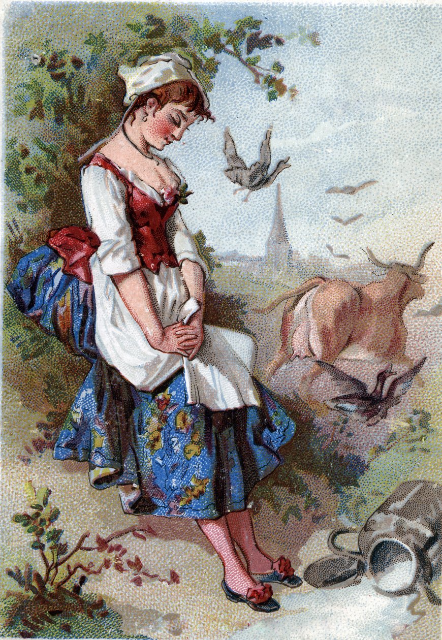 Süt ve süt kabı. Jean de La Fontaine (Lafontaine) (1621-95) tarafından masal. 19. yüzyılın kromolitografisi. Özel koleksiyon. by Anonymous Anonymous