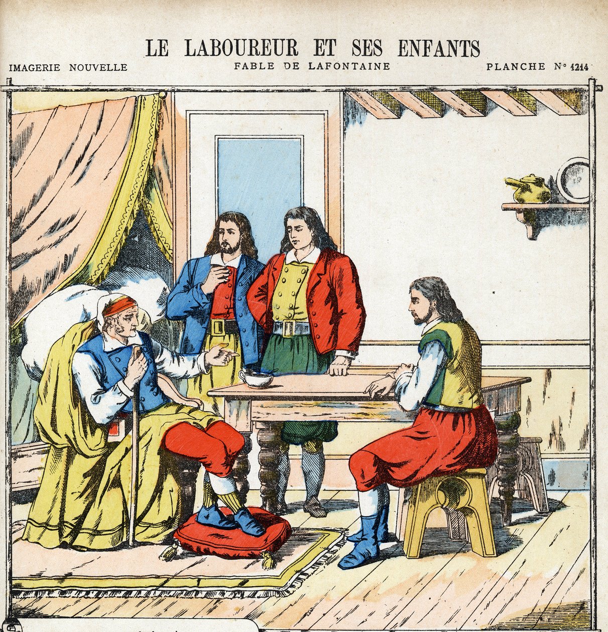 Pulluk ve çocukları. Jean de LA FONTAINE (Lafontaine) (1621-1695) tarafından Les Fables için anonim illüstrasyon. 1880 dolaylarında Pont-a-Mousson