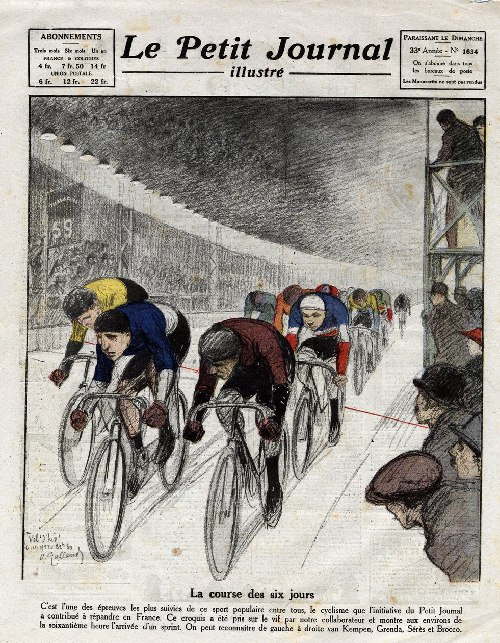 Altı günlük yarış: Sprint sırasında Piet van Kempen (1898-1985), Alfred Grenda, Seres ve Maurice Brocco (1883-1965). Le Petit Journal illustre