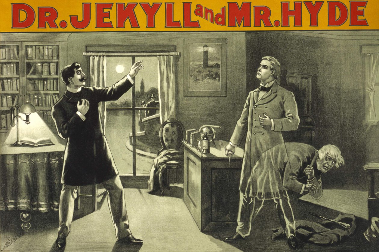 Dönüşüm. “” Doktor Jekyll ve Bay Hyde””, Rory of Terror, Robert Louis Stevenson (1886). Bir Tiyatro Gösterisi için 19. yüzyılın sonundan Amerikan afişi. Özel koleksiyon Milano. by Anonymous Anonymous