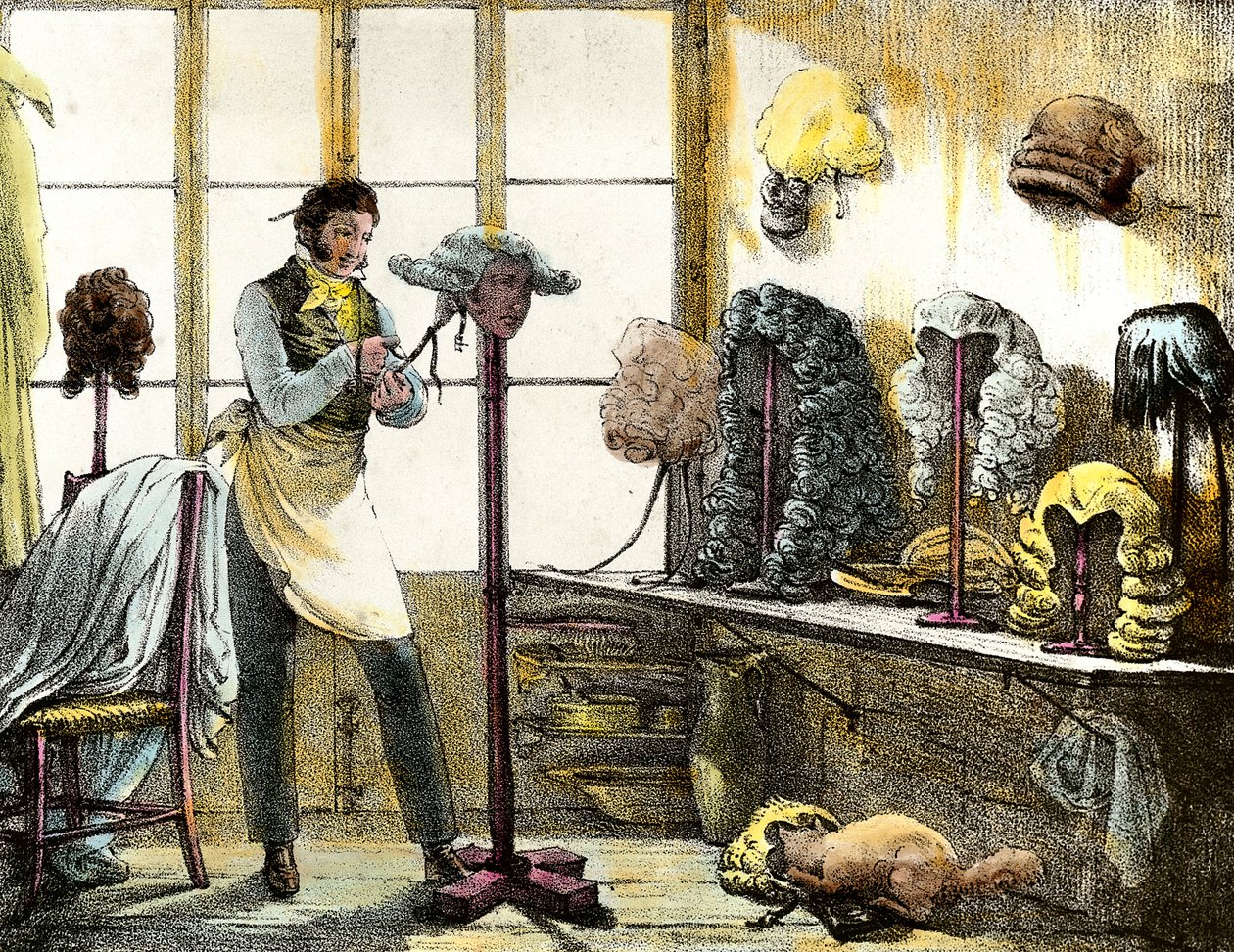 Peruk, erkek kuaförü olan bir katoganın perukunu şekillendiriyor. Ayna şovlarından, mektuplardan, ilaçlardan vb. Gravür Sanat”” 1821-1823 Özel koleksiyon by Anonymous Anonymous