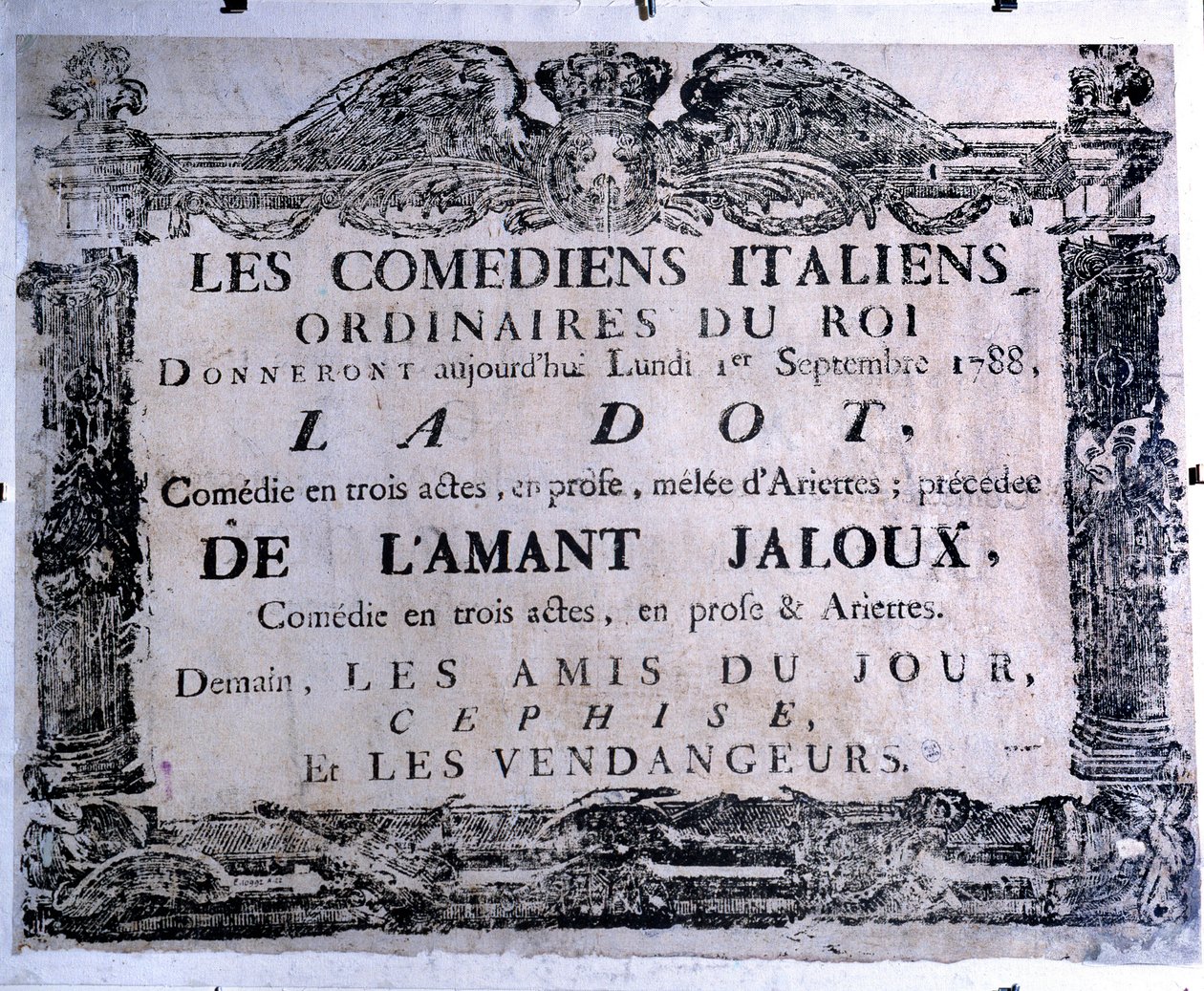 İtalyan komedyenler tarafından seslendirilen “Nokta” ve “Kıskanç aşık” adlı eseri sunan tiyatro afişi, 01/09/1788. Paris. Karnaval Müzesi by Anonymous Anonymous