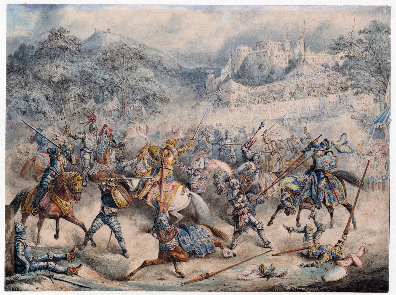 Tournoi (Moyen yaşı) - Atlı şövalyeler turnuvası - Anonim - 1840 - Renkli litografi - 20,3x30,5 - Özel Koleksiyon by Anonymous Anonymous