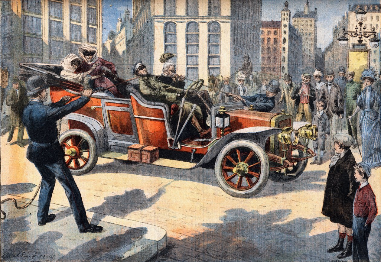 ABD polisinin arabalarını sürerken hız yapan sürücüleri tutuklamak için kullandığı alışılmadık yöntemler heyecan verici. 31/05/1908 tarihli “Le Petro Parisien” gazetesinden gravür. Özel koleksiyon. by Anonymous Anonymous