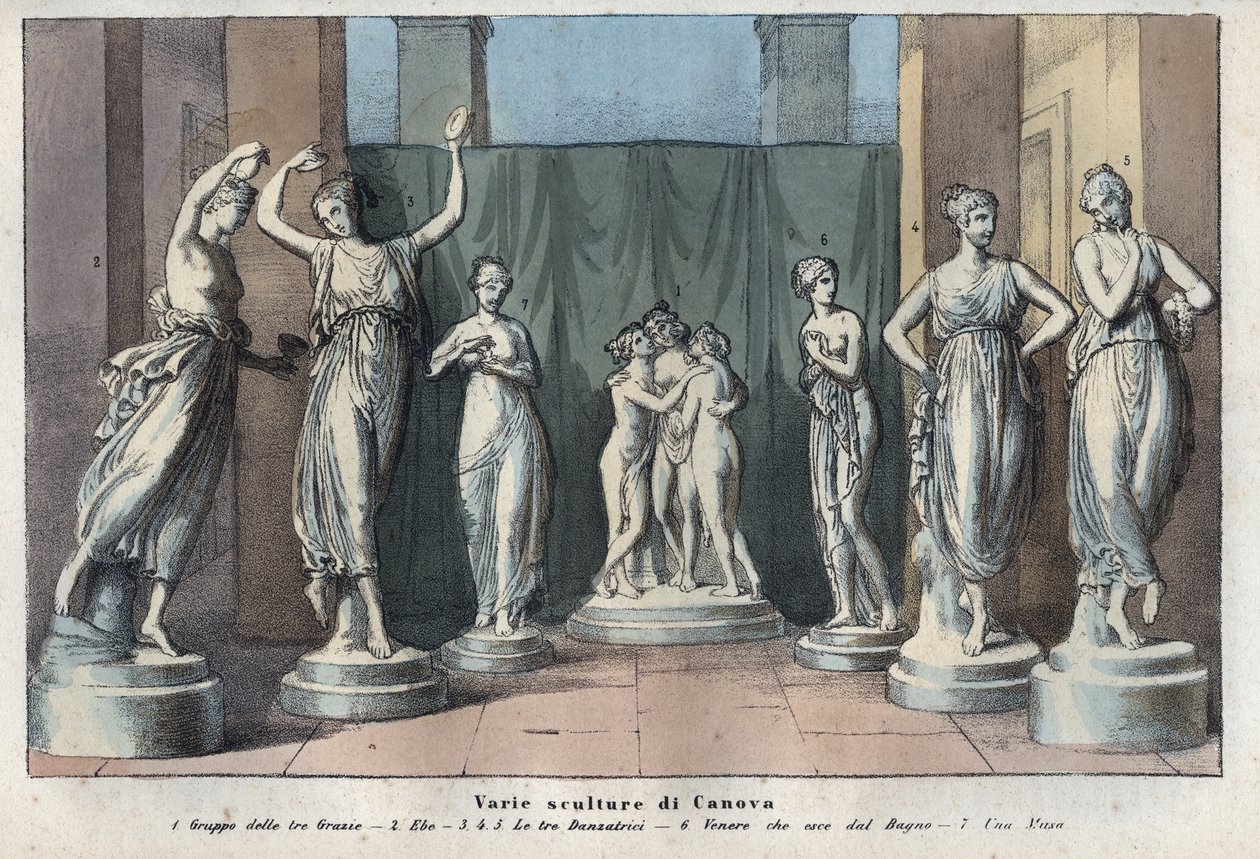 Canova'nın çeşitli heykelleri - Üç Güzel - Hebe - Üç Güzel Dans - Venüs Italica - İlham perisi - Evrendeki Tüm Halkların “” Gümrük ve Geleneklerinden gravür. Bu, hükümetin, yasaların, milislerin, tüm dinlerin tarihidir. by Anonymous Anonymous