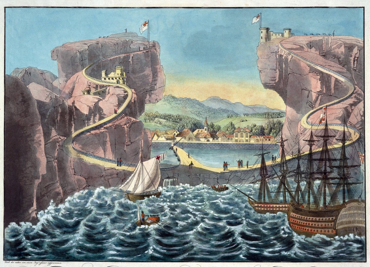 James Kalesi yakınındaki iniş yerinin yanından St. Helena Adası'nın görünümü - Anonim - 1815 - Aquatint - 46,7x54,5 - Özel Koleksiyon by Anonymous Anonymous