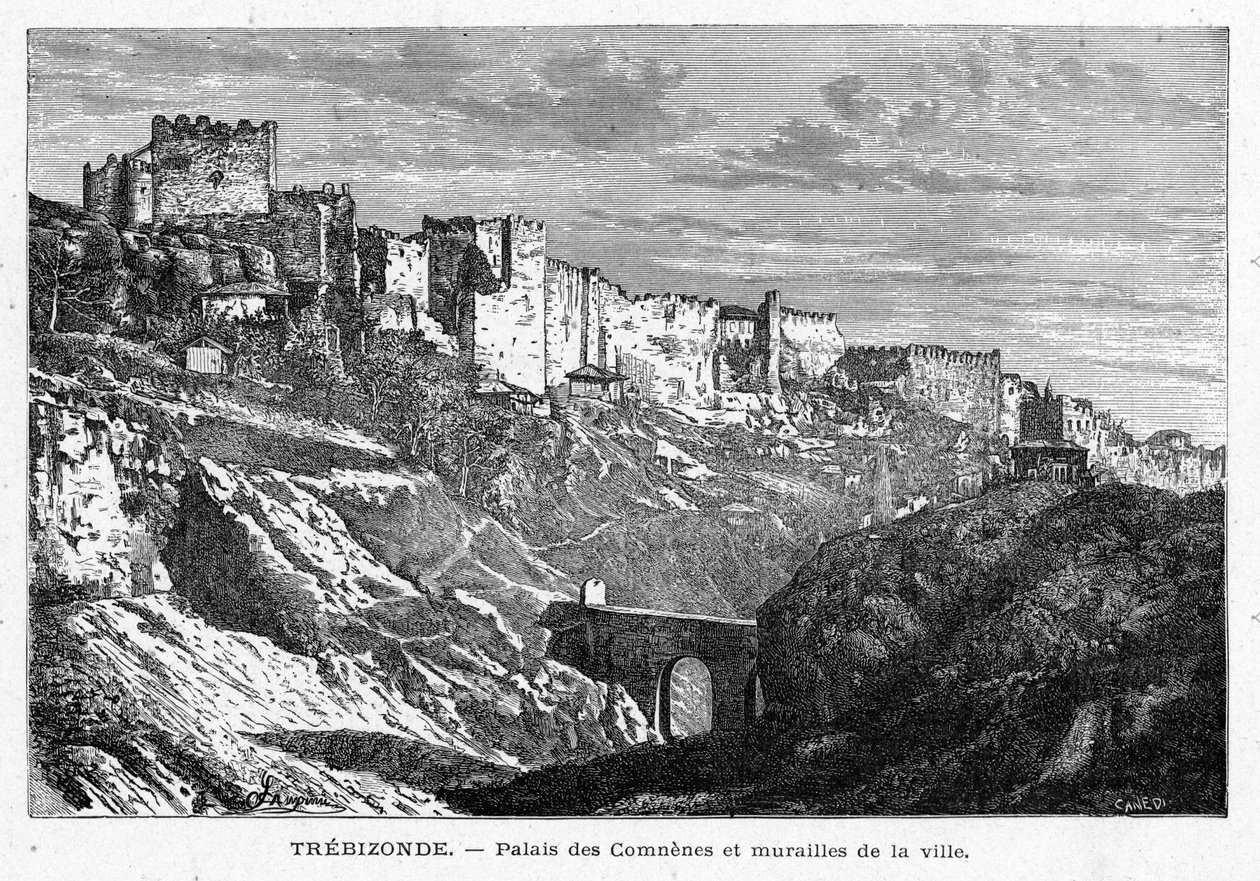 Palais des Comes ve Trabzon şehrinin (Türkiye) duvarlarının görünümü. Louis-Eugene (Louis Eugene) Louvet