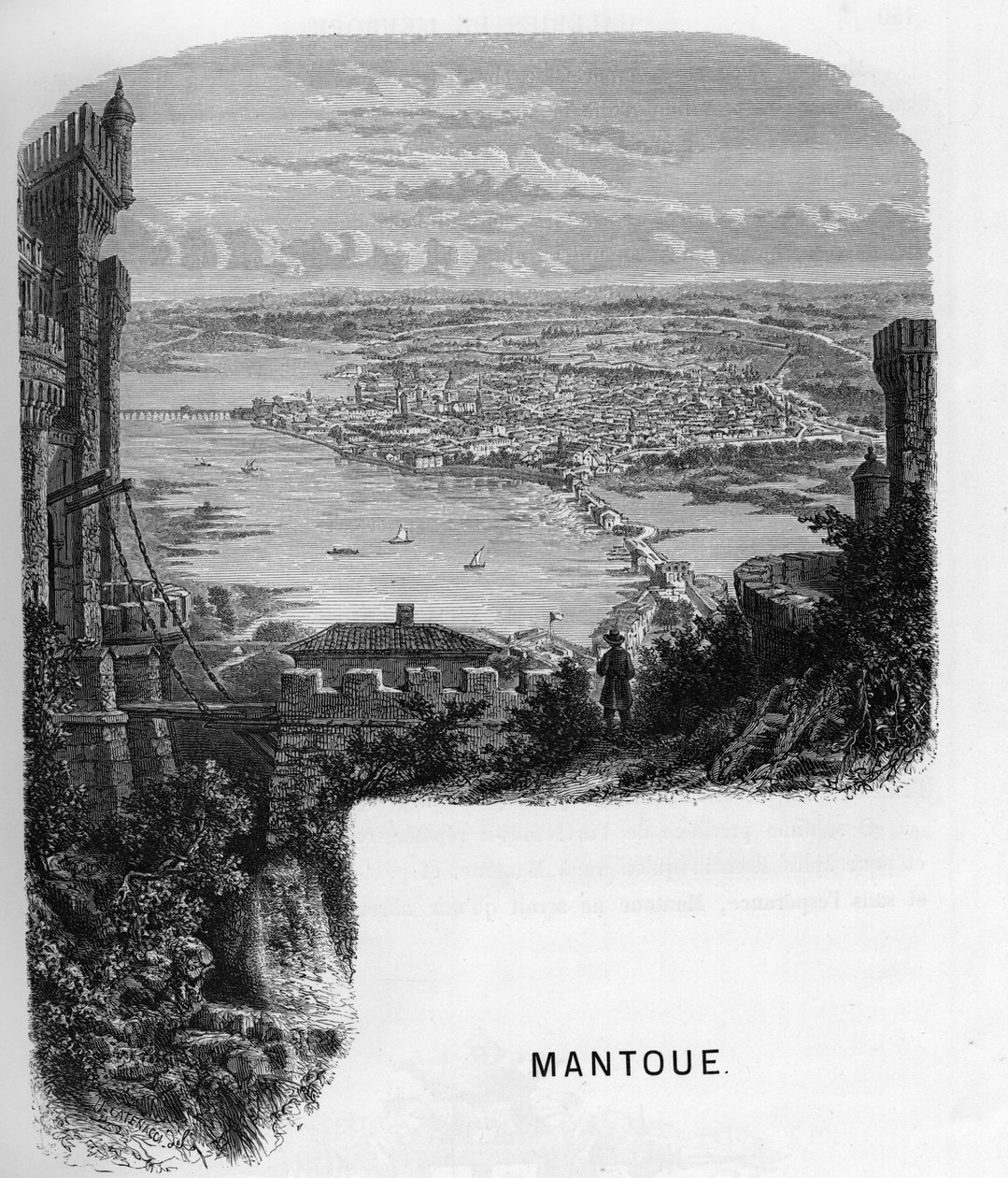 Mantua (Mantova), İtalya şehrinin görünümü. Armengaud tarafından “” Avrupa galerileri - İtalya” da 1859 gravürü. Özel koleksiyon. by Anonymous Anonymous