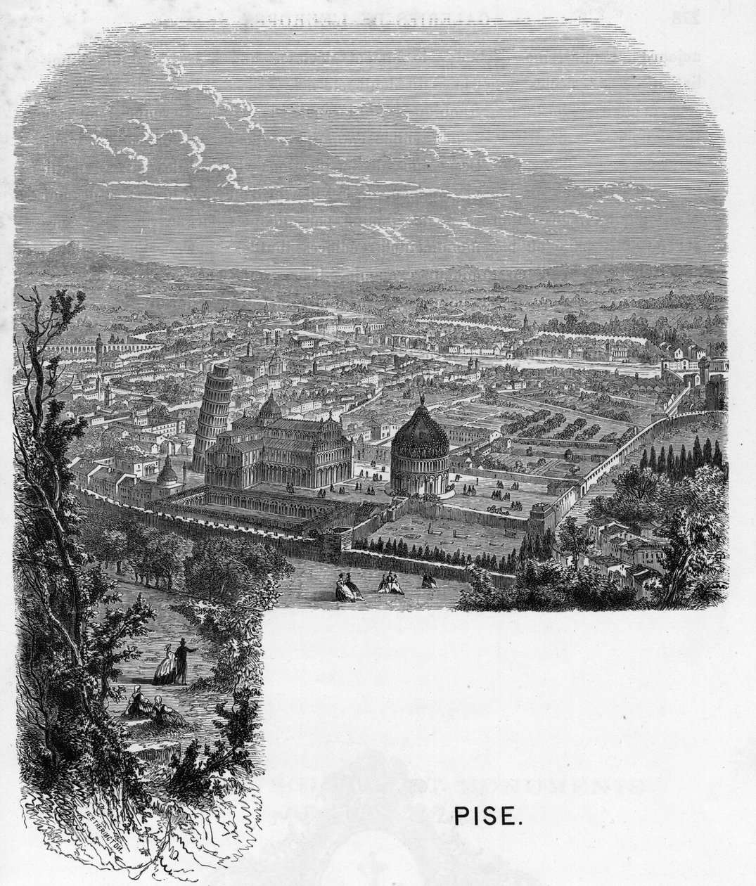 Pisa (Pisa), İtalya şehrinin görünümü. Armengaud tarafından “” Avrupa galerileri - İtalya” da 1859 gravürü. Özel koleksiyon. by Anonymous Anonymous
