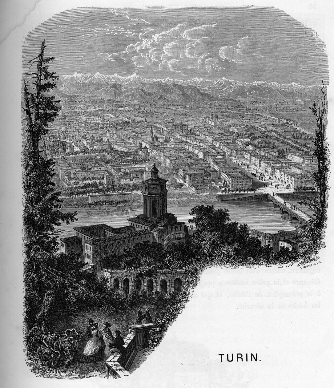 Torino (Torino), İtalya şehrinin görünümü. Armengaud tarafından “” Avrupa galerileri - İtalya” da 1859 gravürü. Özel koleksiyon. by Anonymous Anonymous