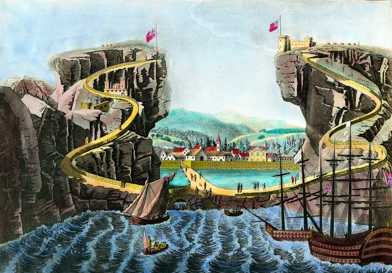 19. yüzyılın Fort Saint James Gravure yakınında çekilen Sainte Helene adasının görünümü. Özel koleksiyon by Anonymous Anonymous