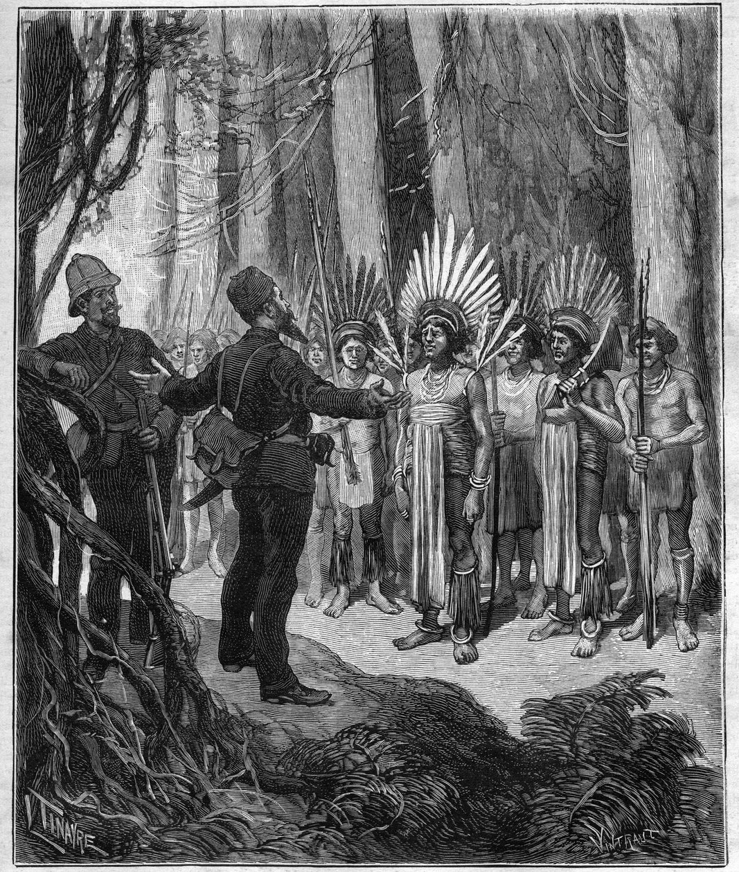 Henri Coudreau'nun Yolculuğu (1859-1899), Guiana'nın Hindistan topraklarında coğrafya profesörü ve kaşif - Roucouyan şeflerinden aldı - 1889 tarihli “Journal des voyages” da gravür. by Anonymous Anonymous