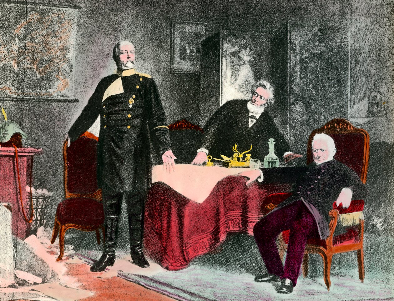 1870 Savaşı: Şansölye Bismarck (1815-1898), Jules Favre (1809-1880) ve Adolphe Thiers (1797-1877) arasındaki siyasi görüşme. 1870 civarı gravür. Özel Koleksiyon by Anonymous Anonymous