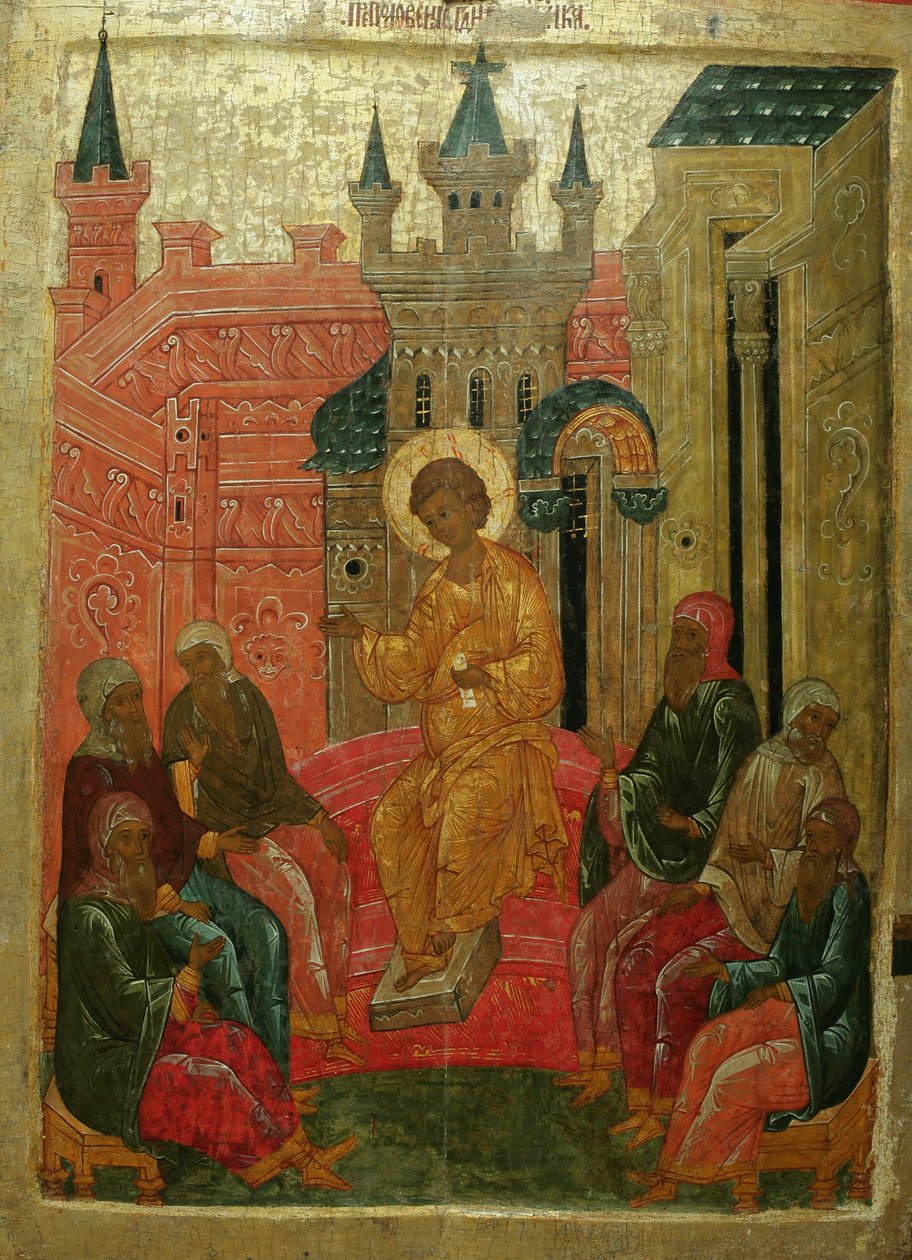 Doktorlar arasında Prepolowenie İsa, 15. yüzyıl by Anonymous Russian icon painter