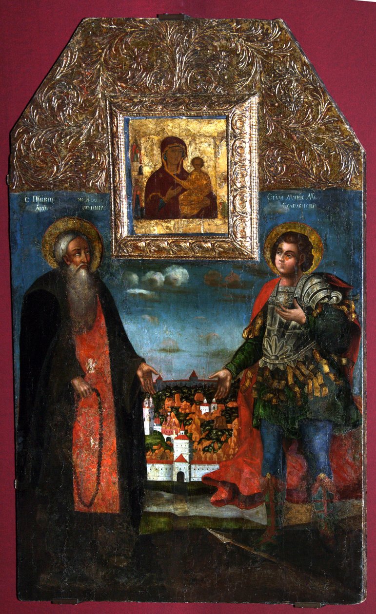 Smolensk Bakire Hodegetria ile Smolensk Azizleri Abraham ve Smolensk Mercurius, 1722 by Anonymous Russian icon painter