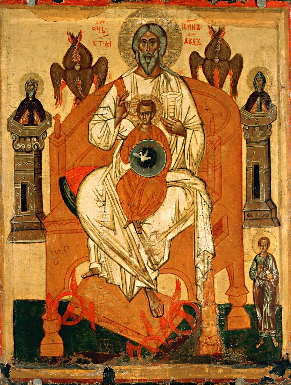 Azizlerle Trinity, 15. yüzyılın başlarında. by Anonymous Russian icon painter