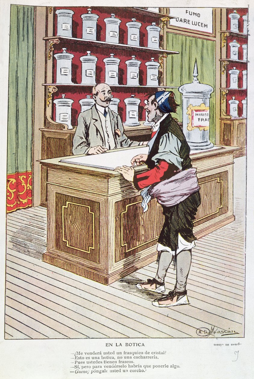 Spanish Pharmacy (colour engraving) by Anselmo Gascon de Gotor