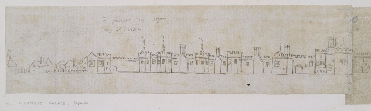 Richmond Sarayı, cephe (siyah tebeşirle soluk işaretler üzerine kalem ve kahverengi mürekkep) by Anthonie Jacobus van Wyngaerdt