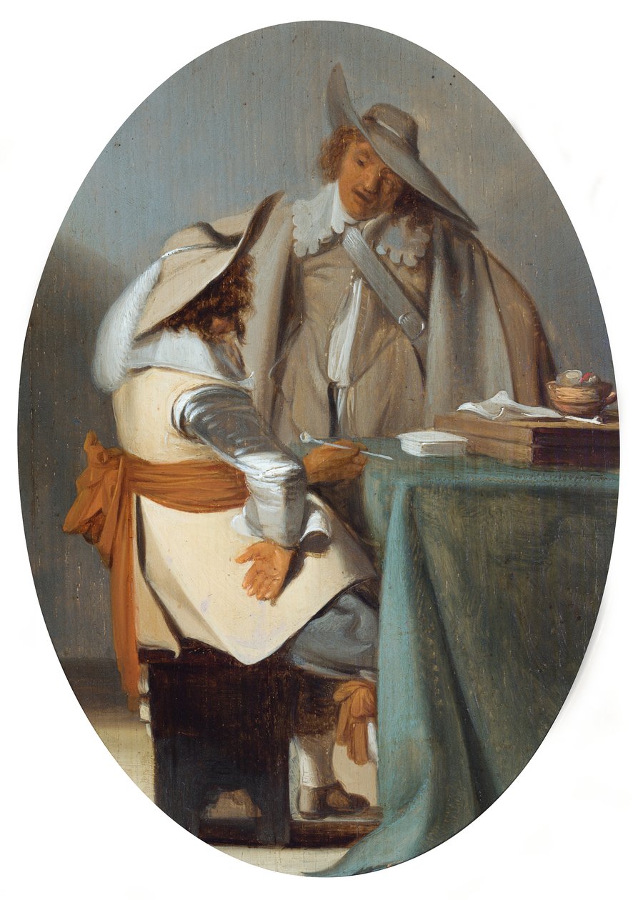 Masada sohbet eden iki adam (panel üzerine yağlıboya) by Anthonie (1601-73) (attr.to) Palamedesz