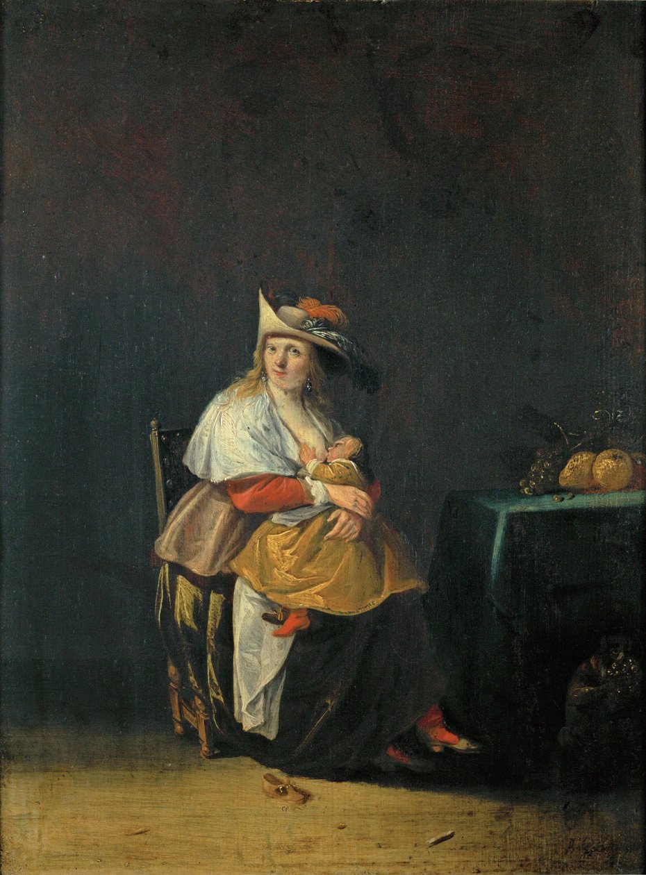 Beş duyu: tat, çocuğunu emziren bir kadın ... by Anthonie (1601-73) Palamedesz