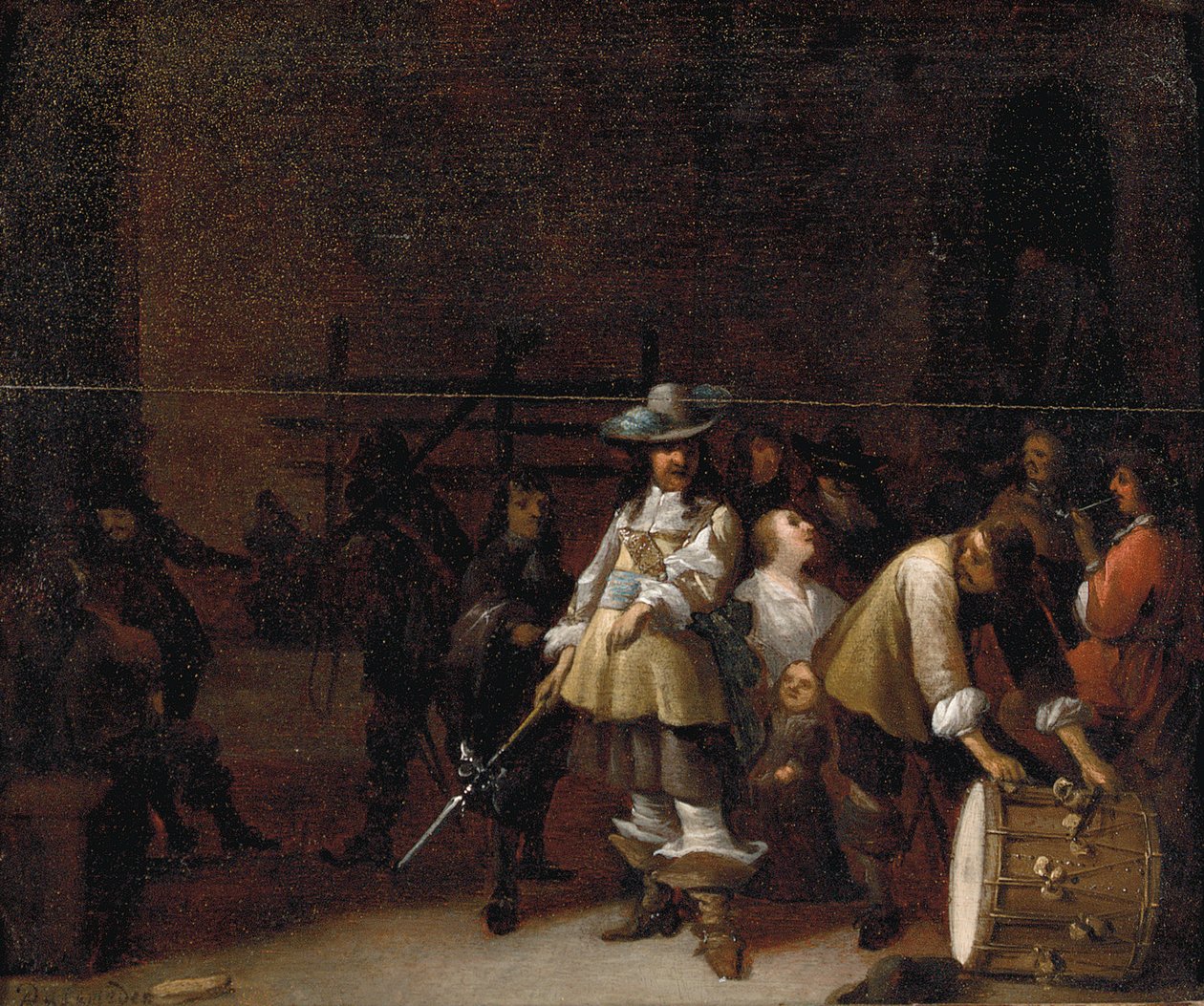Bir davulcu ile sohbet eden bir süvari ile bir muhafız odası iç by Anthonie Palamedesz