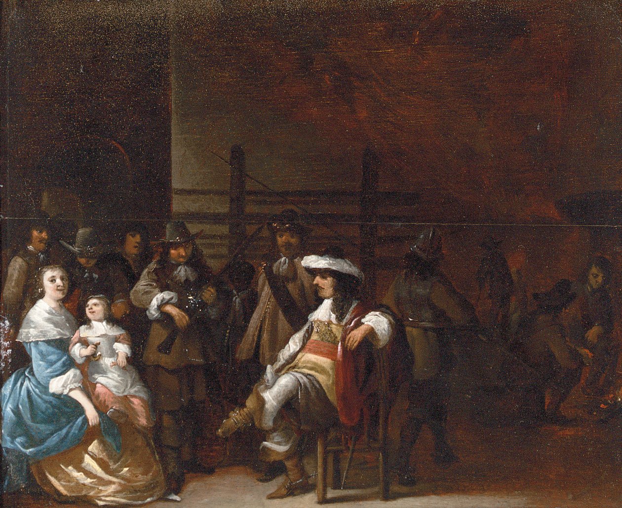 Bir anne ve çocukla sohbet eden bir süvari ile bir muhafız odası iç by Anthonie Palamedesz
