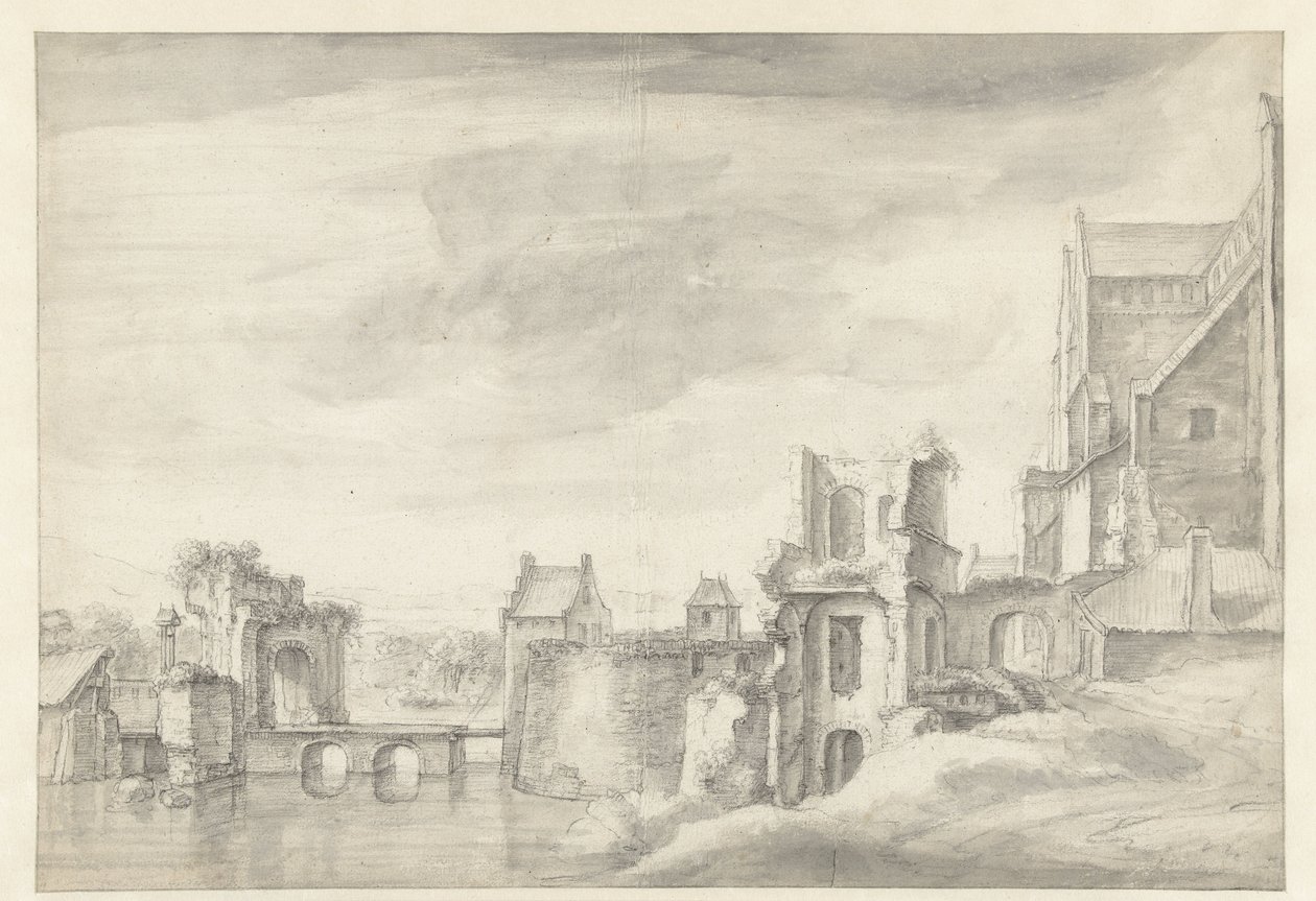Nehir kıyısındaki harabelerin görünümü (Arnhem'deki St. Walburgkerk?) by Anthonie Waterloo
