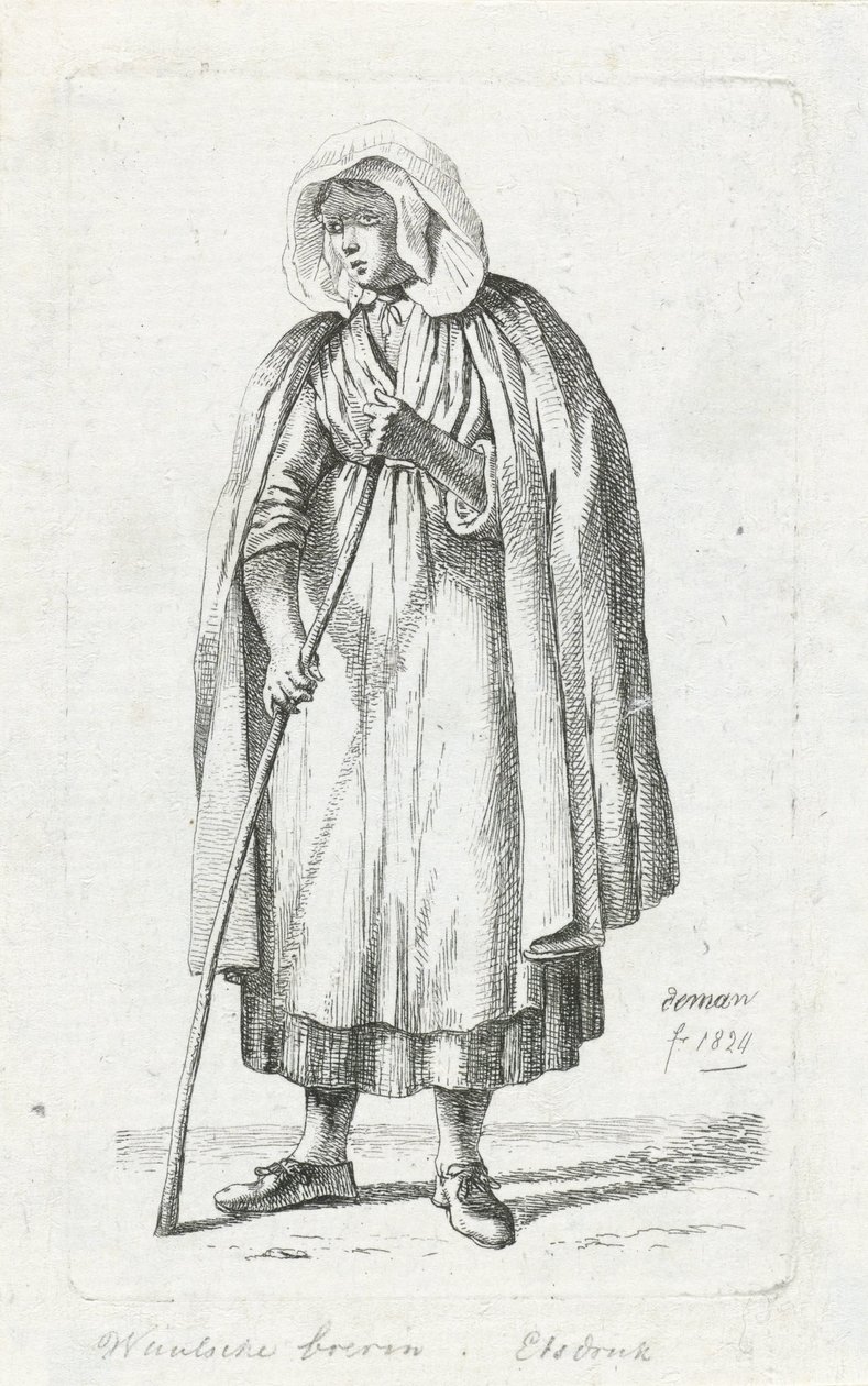 Pelerinli ve bastonlu kadın Valon çiftçisinin karısı (nesne üzerindeki başlık) by Anthonie Willem Hendrik Nolthenius de Man