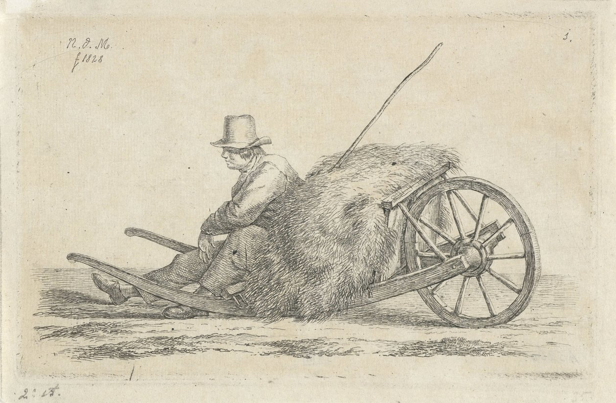 Saman ile bir el arabası tarafından oturan adam by Anthonie Willem Hendrik Nolthenius de Man