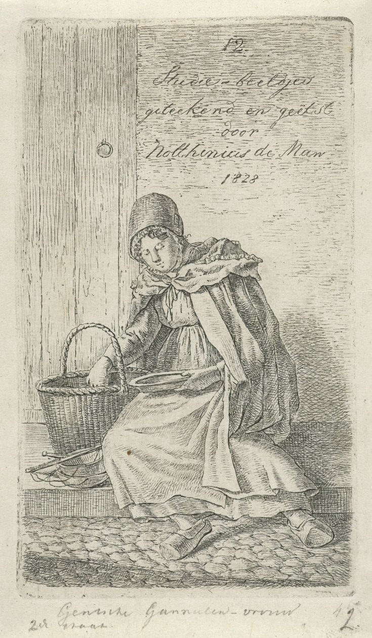 Sepet ve tabak ile oturan kadın Gentsche Karides kadını (nesne üzerindeki başlık) 12 Çalışma figürleri (seri başlığı) by Anthonie Willem Hendrik Nolthenius de Man