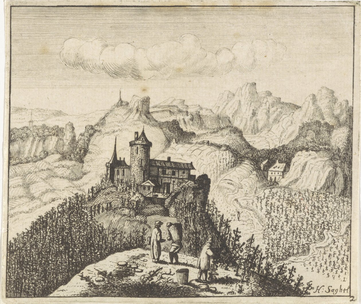 Üzüm toplayıcıları ile dağlık manzara by Anthonie de Winter (attributed to)