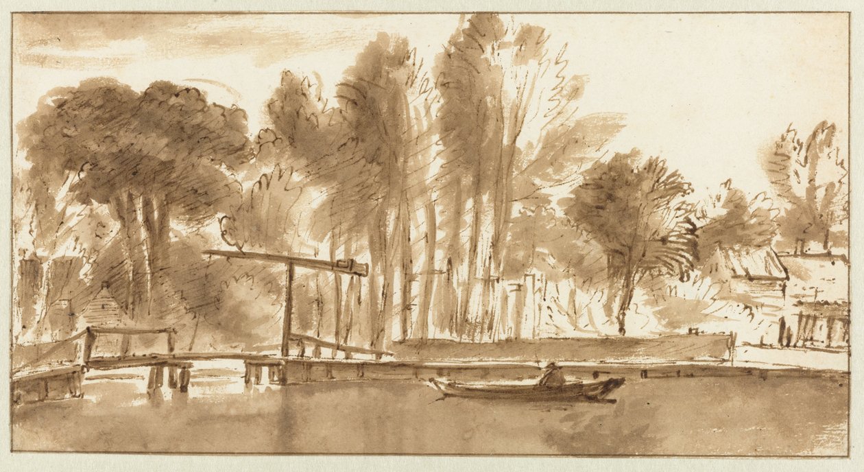 Asma köprü ile ormanlık nehir manzarası by Anthonie van Borssom (attributed to)