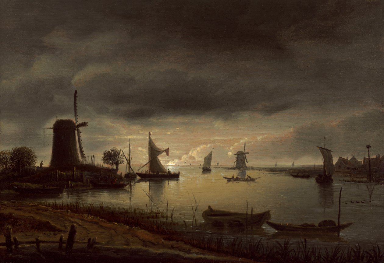 Yel Değirmeni ve Teknelerle Nehir Manzarası, Akşam, c. 1645. by Anthonie van Borssom