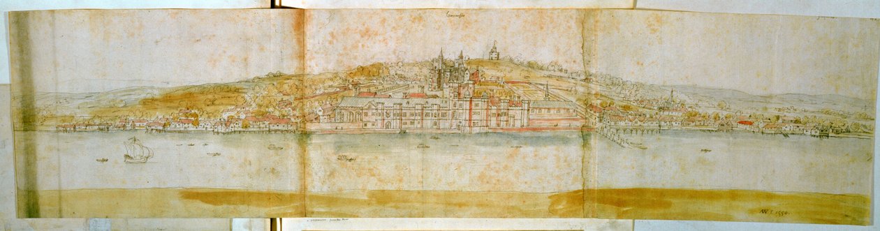 Greenwich Palace from the North Bank of the Thames, c.1544 (pen and ink and wc on paper) by Anthonis van den Wyngaerde