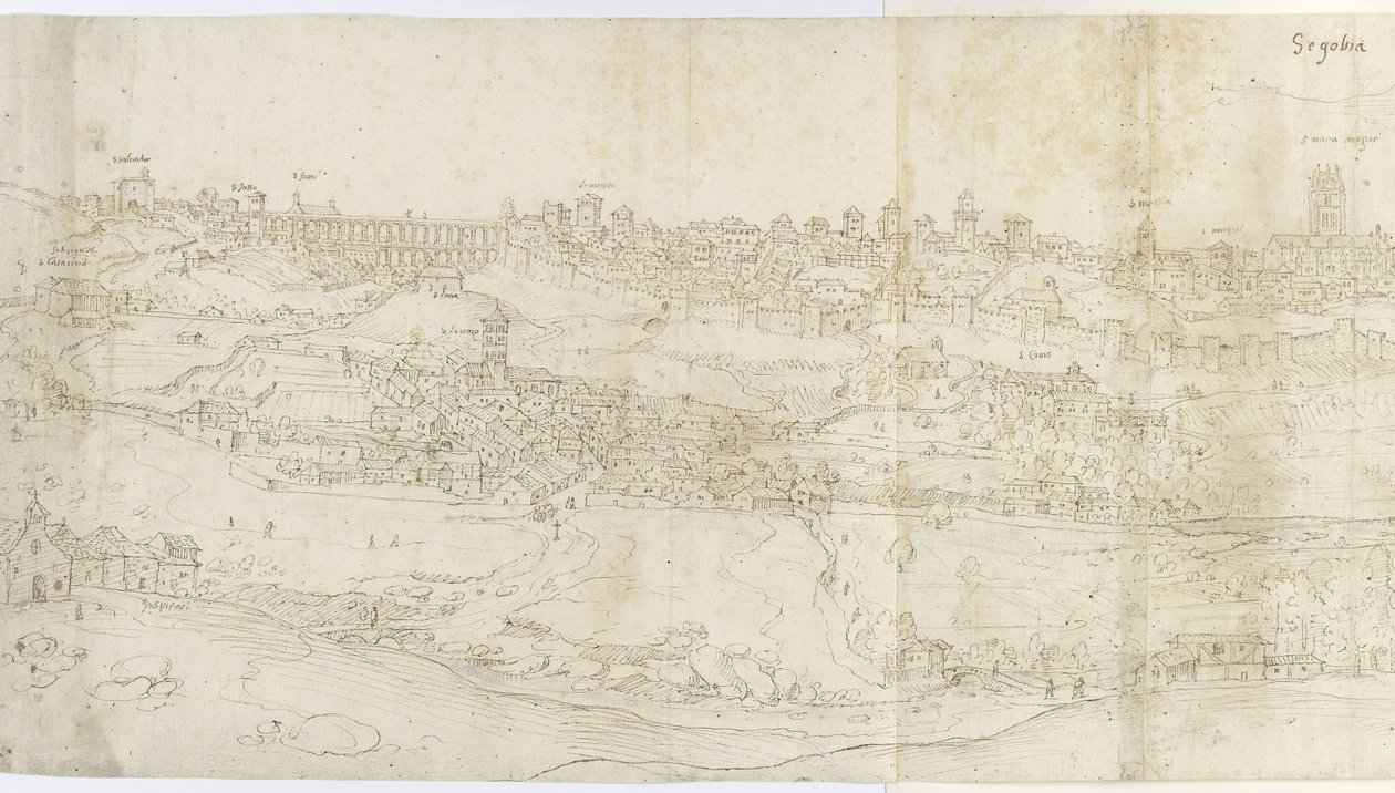 Doğudan Segovia'nın Panoramik Görünümü (siyah tebeşir üzerine mavi yıkama dokunuşları ile kalem ve kahverengi mürekkep) by Anthonis van den Wyngaerde