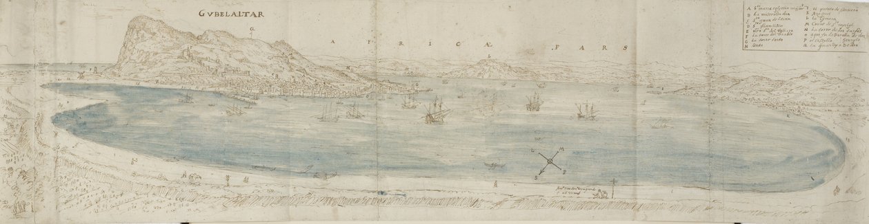 Kasabaya ve ötesindeki Afrika Sahili'ne bakan Cebelitarık Körfezi'nin panoramik manzarası (siyah tebeşir üzerine mavi yıkamalı kalem ve kahverengi mürekkep) by Anthonis van den Wyngaerde