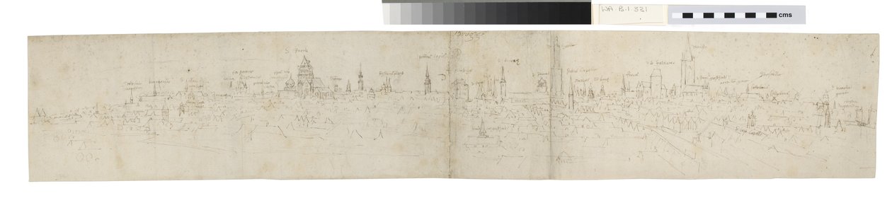 Güney-Batı'dan bir Bruges Manzarasının soldaki kısmı için çalışma (siyah tebeşir izleri üzerine kalem ve kahverengi mürekkep) by Anthonis van den Wyngaerde