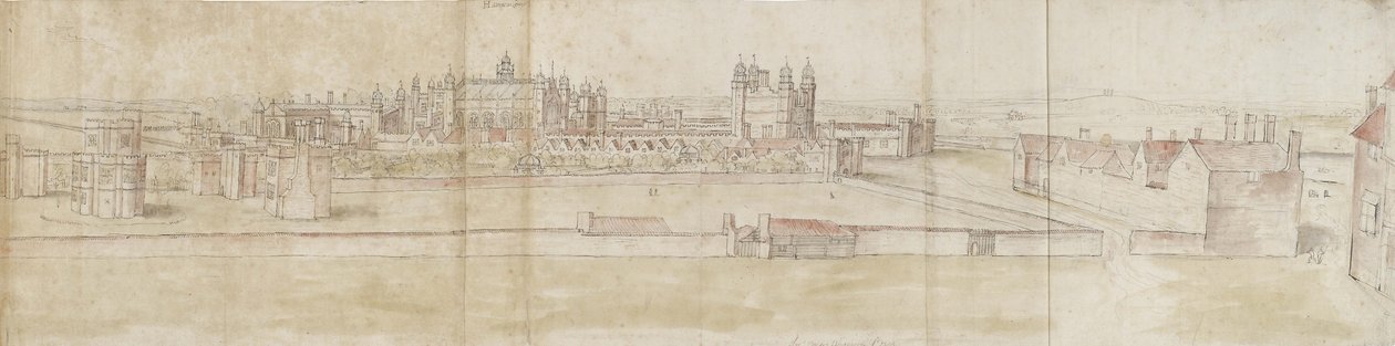 Kuzeyden Hampton Court Palace (siyah tebeşirle soluk işaretler üzerine kalem ve kahverengi mürekkep ve sulu boya) by Anthonis van den Wyngaerde