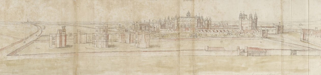 Kuzeyden Hampton Court Palace (siyah tebeşirle soluk işaretler üzerine kalem ve kahverengi mürekkep ve sulu boya) by Anthonis van den Wyngaerde