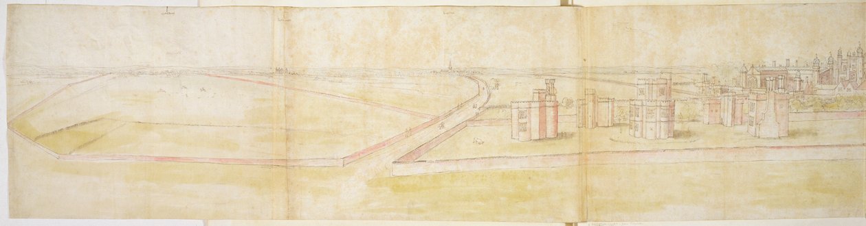ಉತ್ತರದಿಂದ ಹ್ಯಾಂಪ್ಟನ್ ಕೋರ್ಟ್ ಅರಮನೆ, c.1544 (ಕಾಗದದ ಮೇಲೆ ಪೆನ್ನು, ಶಾಯಿ ಮತ್ತು WC) ಟರ್ಕಿ by Anthonis van den Wyngaerde
