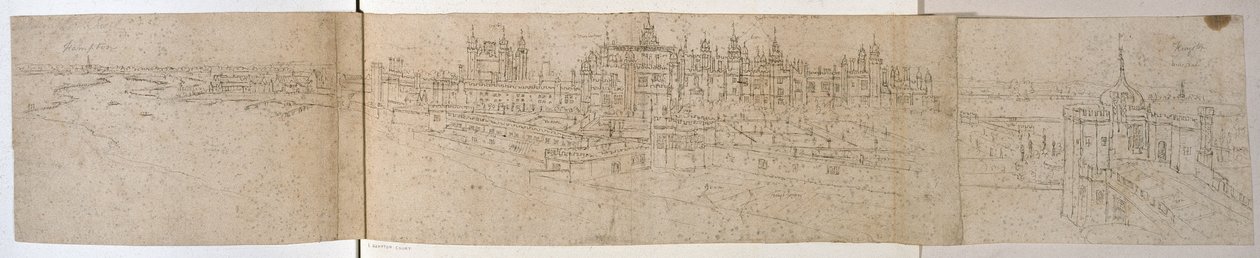 ನದಿಯಿಂದ ಹ್ಯಾಂಪ್ಟನ್ ಕೋರ್ಟ್ ಅರಮನೆ, c.1544 (ಕಾಗದದ ಮೇಲೆ ಪೆನ್ನು ಮತ್ತು ಶಾಯಿ) ಟರ್ಕ್ by Anthonis van den Wyngaerde